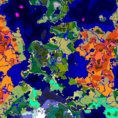 Predicted biome map of Java 1.19.2 seed -3074031778521635238 around estimated spawn