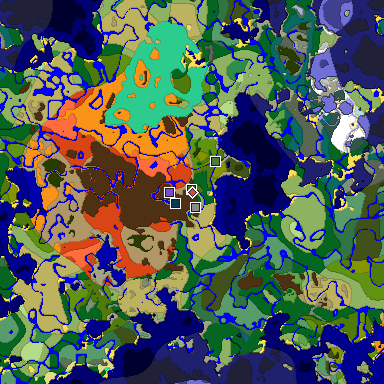 Predicted biome map of Java 1.19.2 seed 1206509444351049259 around estimated spawn