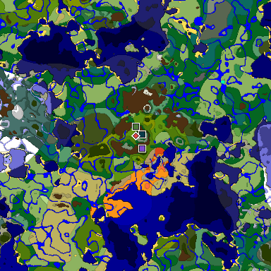 Predicted biome map of Java 1.19.2 seed 1354744949962805277 around estimated spawn