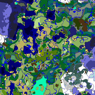 Predicted biome map of Java 1.19.2 seed -5965442156297278622 around estimated spawn