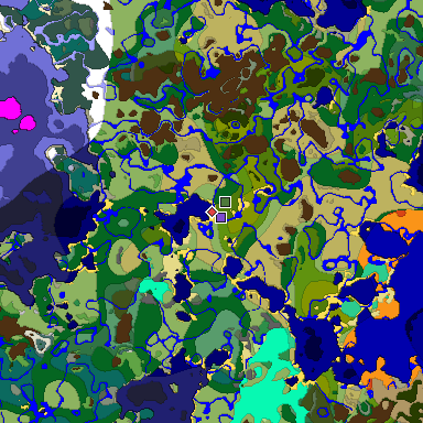 Predicted biome map of Java 1.19.2 seed -3368578553872261995 around estimated spawn