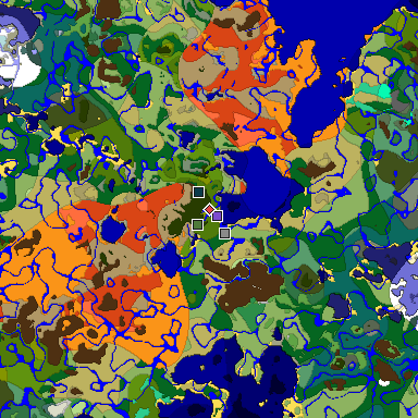 Predicted biome map of Java 1.19.2 seed 7426576522490378869 around estimated spawn