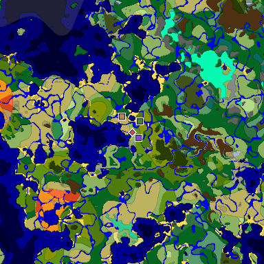 Predicted biome map of Java 1.19.2 seed 4388440891026425843 around estimated spawn