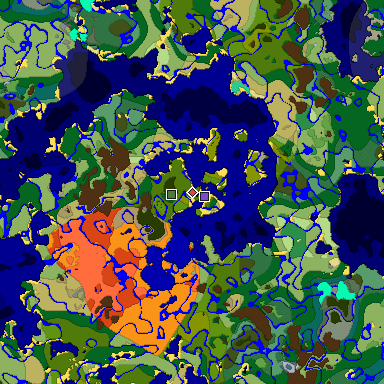 Predicted biome map of Java 1.19.2 seed 1446139024334543707 around estimated spawn