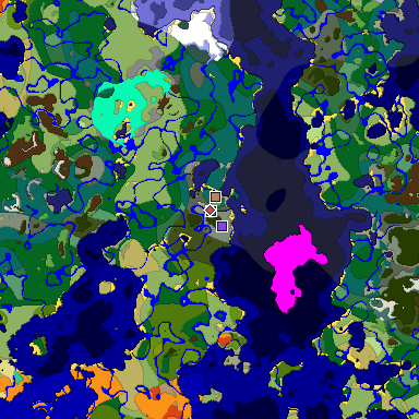 Predicted biome map of Java 1.19.2 seed 2813987757099430425 around estimated spawn