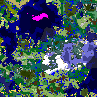 Predicted biome map of Java 1.19.2 seed -3946434261677294672 around estimated spawn