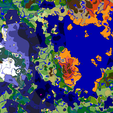 Predicted biome map of Java 1.19.2 seed -2055376965891493392 around estimated spawn