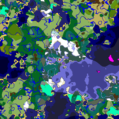 Predicted biome map of Java 1.19.2 seed 4784146919674541047 around estimated spawn