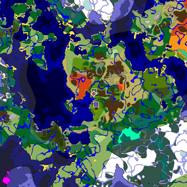Predicted biome map of Java 1.19.2 seed 4566942003373232767 around estimated spawn