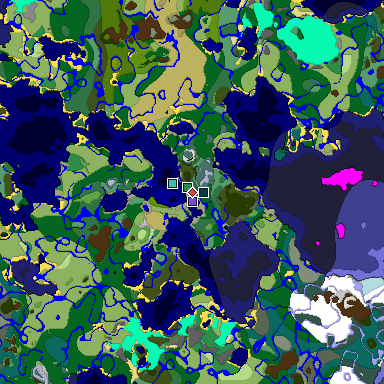 Predicted biome map of Java 1.19.2 seed -6237591124055928099 around estimated spawn