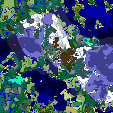 Predicted biome map of Java 1.19.2 seed 5350844549122242099 around estimated spawn