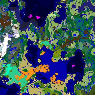 Predicted biome map of Java 1.19.2 seed -2628938798752516358 around estimated spawn