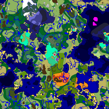 Predicted biome map of Java 1.19.2 seed -454335295686598279 around estimated spawn
