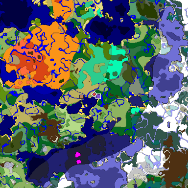 Predicted biome map of Java 1.19.2 seed -3443684804682706899 around estimated spawn
