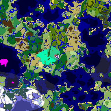 Predicted biome map of Java 1.19.2 seed -1985692629593854172 around estimated spawn