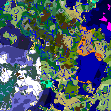 Predicted biome map of Java 1.19.2 seed -4607795778652890184 around estimated spawn