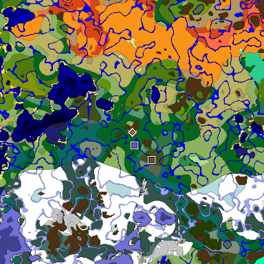 Predicted biome map of Java 1.19.2 seed 5409165226759791486 around estimated spawn