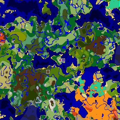 Predicted biome map of Java 1.19.2 seed 7033942854364380444 around estimated spawn