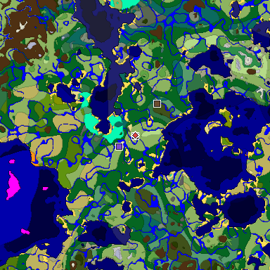 Predicted biome map of Java 1.19.2 seed 2843857426236673578 around estimated spawn