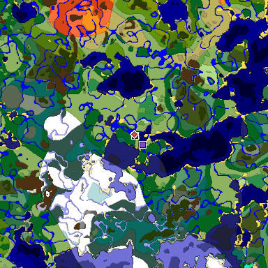 Predicted biome map of Java 1.19.2 seed 4971352229072030555 around estimated spawn
