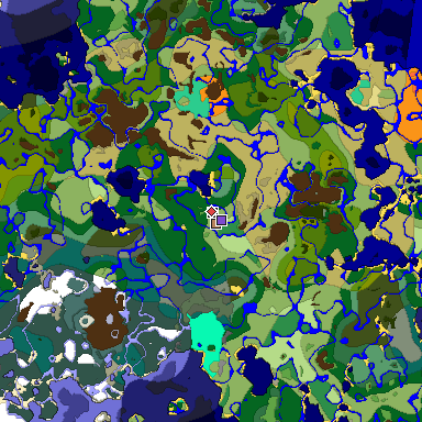 Predicted biome map of Java 1.19.2 seed 6931396089082211639 around estimated spawn