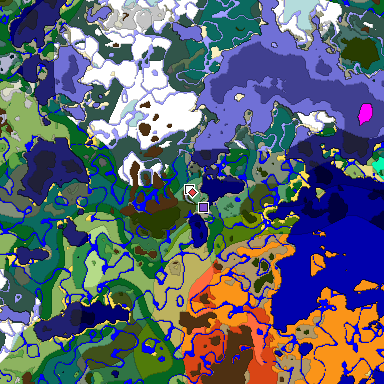 Predicted biome map of Java 1.19.2 seed 1982233175855539595 around estimated spawn