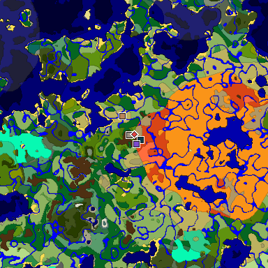 Predicted biome map of Java 1.19.2 seed 271066118122170036 around estimated spawn