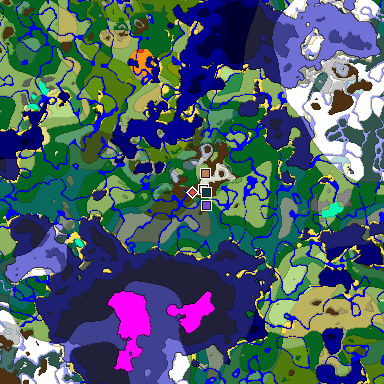 Predicted biome map of Java 1.19.2 seed 4334948499778963395 around estimated spawn