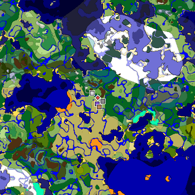 Predicted biome map of Java 1.19.2 seed 3633792890272754664 around estimated spawn