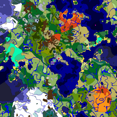 Predicted biome map of Java 1.19.2 seed 3338408582318033967 around estimated spawn