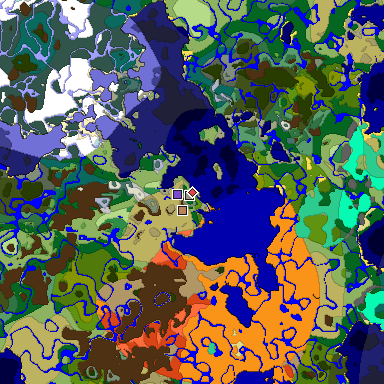 Predicted biome map of Java 1.19.2 seed -2453358009236728146 around estimated spawn