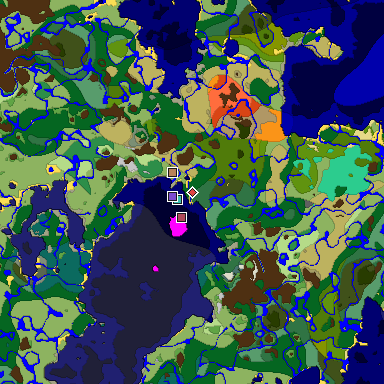Predicted biome map of Java 1.19.2 seed 5624771770140254911 around estimated spawn