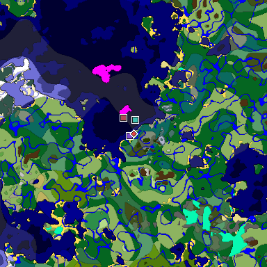 Predicted biome map of Java 1.19.2 seed -8776889975670497867 around estimated spawn