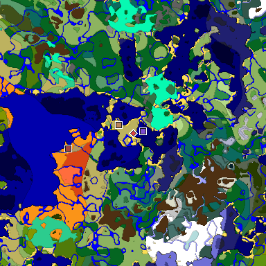 Predicted biome map of Java 1.19.2 seed 7729736826598669679 around estimated spawn