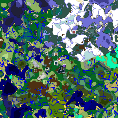Predicted biome map of Java 1.19.2 seed 4933991443138938159 around estimated spawn