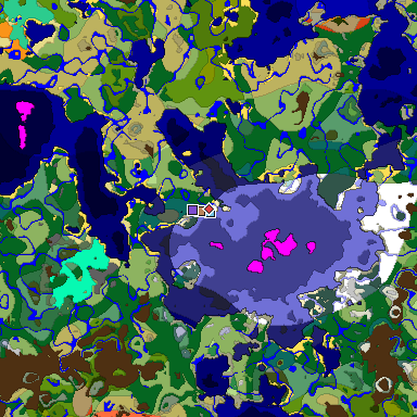 Predicted biome map of Java 1.19.2 seed 2878341844844615031 around estimated spawn