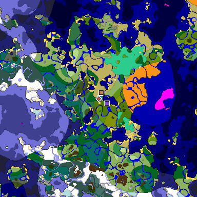 Predicted biome map of Java 1.19.2 seed -3644298131949096585 around estimated spawn
