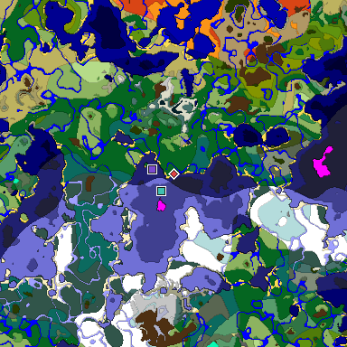 Predicted biome map of Java 1.19.2 seed 162208686047176355 around estimated spawn