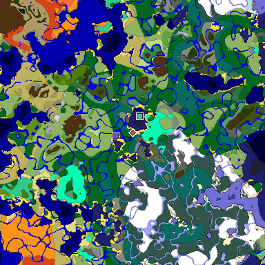 Predicted biome map of Java 1.19.2 seed -2895760570428896312 around estimated spawn
