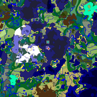 Predicted biome map of Java 1.19.2 seed -3057221820626927174 around estimated spawn