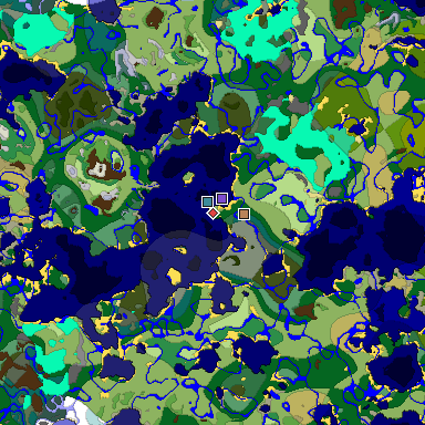 Predicted biome map of Java 1.19.2 seed 8107725220541483689 around estimated spawn