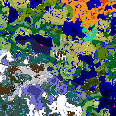 Predicted biome map of Java 1.19.2 seed 7037937309189028234 around estimated spawn