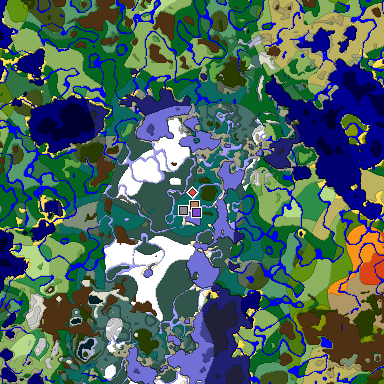 Predicted biome map of Java 1.19.2 seed 6643883865134618101 around estimated spawn