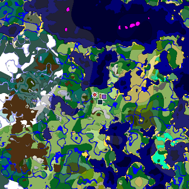 Predicted biome map of Java 1.19.2 seed 5867635654965408381 around estimated spawn