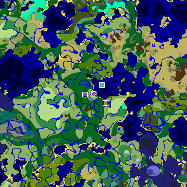 Predicted biome map of Java 1.19.2 seed 1922132274565665755 around estimated spawn