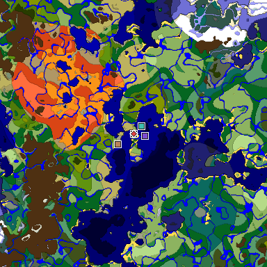 Predicted biome map of Java 1.19.2 seed -5371378083244084392 around estimated spawn