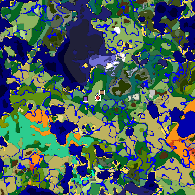 Predicted biome map of Java 1.19.2 seed 8921384669855246280 around estimated spawn