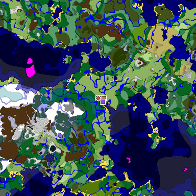 Predicted biome map of Java 1.19.2 seed -1943678400470653476 around estimated spawn