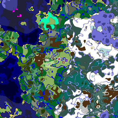 Predicted biome map of Java 1.19.2 seed -1315004163390008926 around estimated spawn