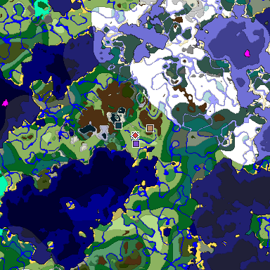 Predicted biome map of Java 1.19.2 seed -8525716056432954835 around estimated spawn